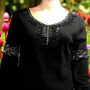 Black Bead & Rhinestone Embellished Blouse Top